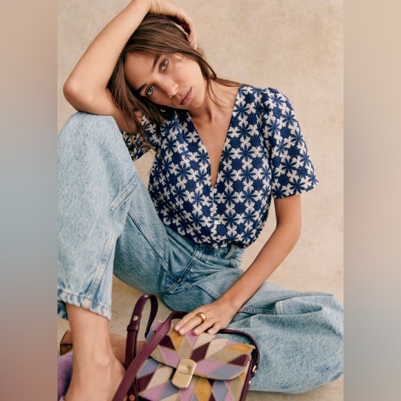 Sezane Tops - Sezane Emma Ecru Navy Blouse